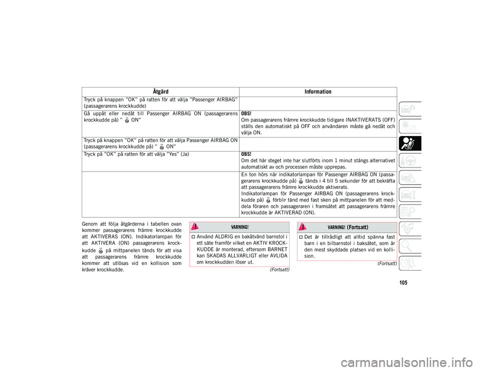 JEEP COMPASS 2020  Drift- och underhållshandbok (in Swedish) 105
(Fortsatt)
(Fortsatt)
Genom  att  följa  åtgärderna  i  tabellen  ovan
kommer  passagerarens  främre  krockkudde
att  AKTIVERAS  (ON).  Indikatorlampan  för
att  AKTIVERA  (ON)  passagerarens