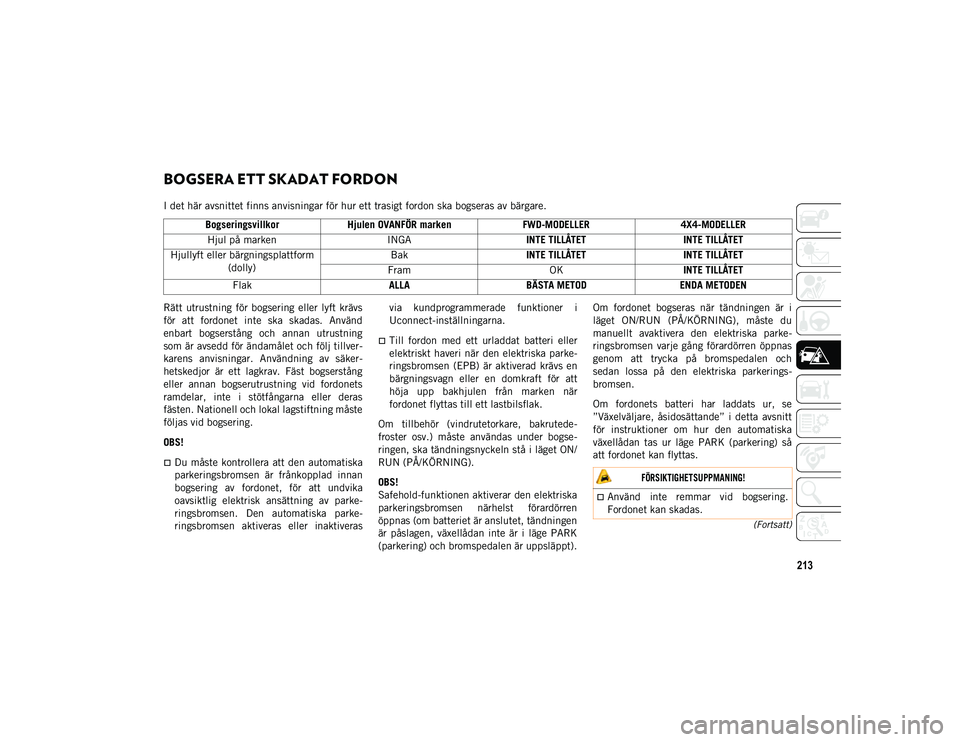 JEEP COMPASS 2020 Drift- och underhållshandbok (in Swedish) 213
(Fortsatt)
BOGSERA ETT SKADAT FORDON
I det här avsnittet finns anvisningar för hur ett trasigt fordon ska bogseras av bärgare.
Rätt utrustning för bogsering eller lyft krävs
för att JEEP COMPASS 2020 Drift- och underhållshandbok (in Swedish) 213
(Fortsatt)
BOGSERA ETT SKADAT FORDON
I det här avsnittet finns anvisningar för hur ett trasigt fordon ska bogseras av bärgare.
Rätt utrustning för bogsering eller lyft krävs
för att