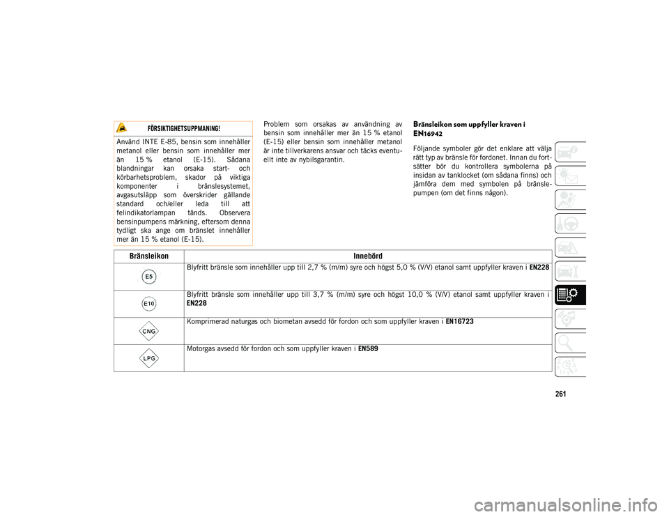 JEEP COMPASS 2020 Drift- och underhållshandbok (in Swedish) 261
Problem som orsakas av användning av
bensin som innehåller mer än 15 % etanol
(E-15) eller bensin som innehåller metanol
är inte tillverkarens ansvar och täcks eventu-
ellt i JEEP COMPASS 2020 Drift- och underhållshandbok (in Swedish) 261
Problem som orsakas av användning av
bensin som innehåller mer än 15 % etanol
(E-15) eller bensin som innehåller metanol
är inte tillverkarens ansvar och täcks eventu-
ellt i