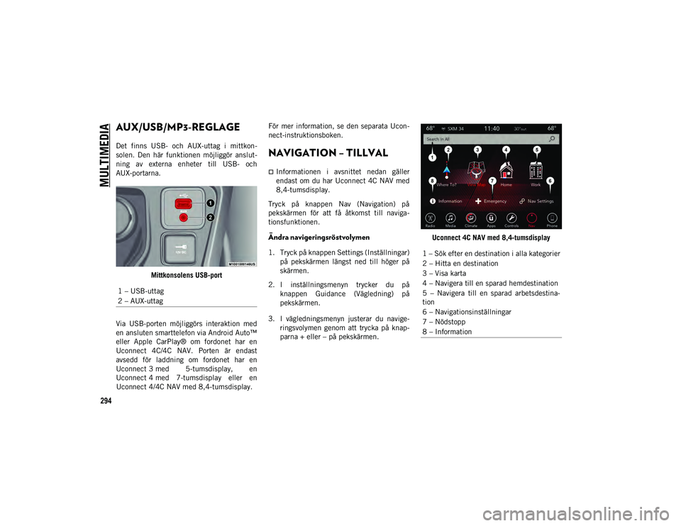 JEEP COMPASS 2020 Drift- och underhållshandbok (in Swedish) MULTIMEDIA
294
AUX/USB/MP3-REGLAGE
Det finns USB- och AUX-uttag i mittkon-
solen. Den här funktionen möjliggör anslut -
ning av externa enheter till USB- och
AUX-portarna.
Mittkon JEEP COMPASS 2020 Drift- och underhållshandbok (in Swedish) MULTIMEDIA
294
AUX/USB/MP3-REGLAGE
Det finns USB- och AUX-uttag i mittkon-
solen. Den här funktionen möjliggör anslut -
ning av externa enheter till USB- och
AUX-portarna.
Mittkon
