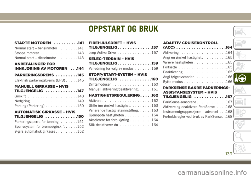 JEEP COMPASS 2018 Drift- og vedlikeholdshåndbok (in Norwegian) OPPSTART OG BRUK
STARTE MOTOREN..........141
Normal start – bensinmotor........141
Stoppe motoren...............143
Normal start – dieselmotor........143
ANBEFALINGER FOR
INNKJØRING AV MOTOREN . JEEP COMPASS 2018 Drift- og vedlikeholdshåndbok (in Norwegian) OPPSTART OG BRUK
STARTE MOTOREN..........141
Normal start – bensinmotor........141
Stoppe motoren...............143
Normal start – dieselmotor........143
ANBEFALINGER FOR
INNKJØRING AV MOTOREN .