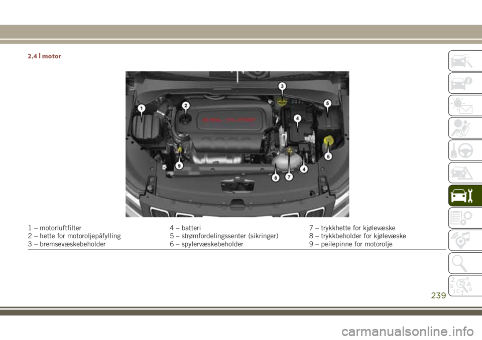 JEEP COMPASS 2018  Drift- og vedlikeholdshåndbok (in Norwegian) 2,4 l motor
1 – motorluftfilter 4 – batteri 7 – trykkhette for kjølevæske
2 – hette for motoroljepåfylling 5 – strømfordelingssenter (sikringer) 8 – trykkbeholder for kjølevæske
3 
