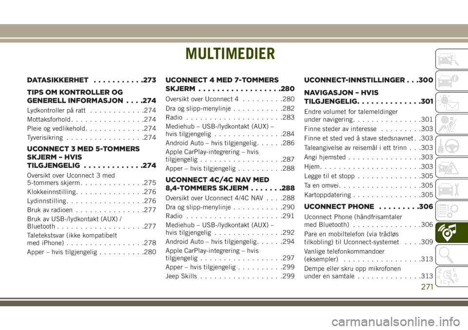 JEEP COMPASS 2018 Drift- og vedlikeholdshåndbok (in Norwegian) MULTIMEDIER
DATASIKKERHET...........273
TIPS OM KONTROLLER OG
GENERELL INFORMASJON. . . .274
Lydkontroller på ratt............274
Mottaksforhold................274
Pleie og vedlikehold.............27 JEEP COMPASS 2018 Drift- og vedlikeholdshåndbok (in Norwegian) MULTIMEDIER
DATASIKKERHET...........273
TIPS OM KONTROLLER OG
GENERELL INFORMASJON. . . .274
Lydkontroller på ratt............274
Mottaksforhold................274
Pleie og vedlikehold.............27