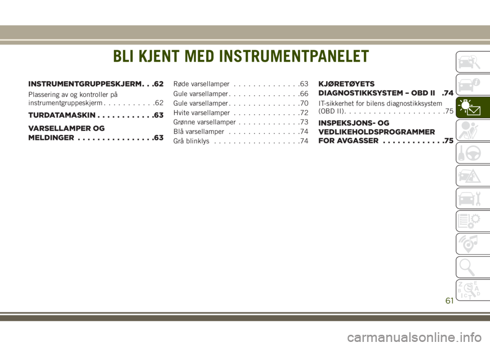 JEEP COMPASS 2018 Drift- og vedlikeholdshåndbok (in Norwegian) BLI KJENT MED INSTRUMENTPANELET
INSTRUMENTGRUPPESKJERM . . .62
Plassering av og kontroller på
instrumentgruppeskjerm...........62
TURDATAMASKIN............63
VARSELLAMPER OG
MELDINGER................ JEEP COMPASS 2018 Drift- og vedlikeholdshåndbok (in Norwegian) BLI KJENT MED INSTRUMENTPANELET
INSTRUMENTGRUPPESKJERM . . .62
Plassering av og kontroller på
instrumentgruppeskjerm...........62
TURDATAMASKIN............63
VARSELLAMPER OG
MELDINGER................