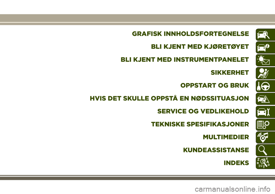 JEEP COMPASS 2018 Drift- og vedlikeholdshåndbok (in Norwegian) GRAFISK INNHOLDSFORTEGNELSE
BLI KJENT MED KJØRETØYET
BLI KJENT MED INSTRUMENTPANELET
SIKKERHET
OPPSTART OG BRUK
HVIS DET SKULLE OPPSTÅ EN NØDSSITUASJON
SERVICE OG VEDLIKEHOLD
TEKNISKE SPESIFIKASJO JEEP COMPASS 2018 Drift- og vedlikeholdshåndbok (in Norwegian) GRAFISK INNHOLDSFORTEGNELSE
BLI KJENT MED KJØRETØYET
BLI KJENT MED INSTRUMENTPANELET
SIKKERHET
OPPSTART OG BRUK
HVIS DET SKULLE OPPSTÅ EN NØDSSITUASJON
SERVICE OG VEDLIKEHOLD
TEKNISKE SPESIFIKASJO