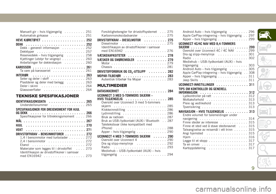 JEEP COMPASS 2019  Drift- og vedlikeholdshåndbok (in Norwegian) Manuelt gir – hvis tilgjengelig......... 251
Automatisk girkasse............... 251
HEVE KJØRETØYET................... 252
DEKK.......................... 252
Dekk – generell informasjon.........