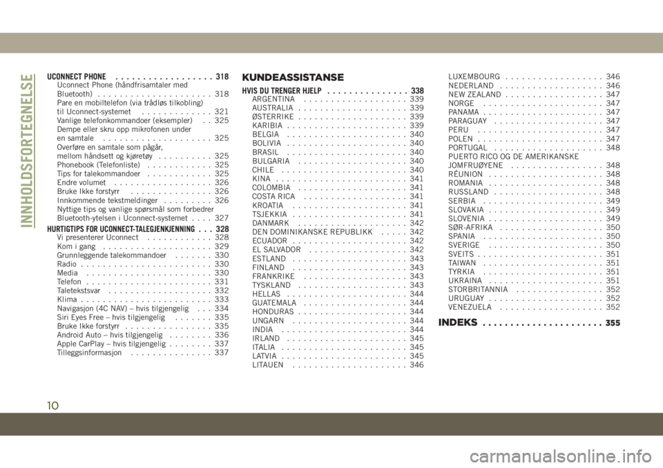 JEEP COMPASS 2019  Drift- og vedlikeholdshåndbok (in Norwegian) UCONNECT PHONE.................. 318Uconnect Phone (håndfrisamtaler med
Bluetooth)..................... 318
Pare en mobiltelefon (via trådløs tilkobling)
til Uconnect-systemet............. 321
Vanl