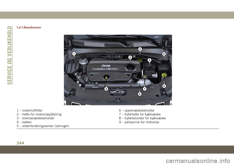 JEEP COMPASS 2019 Drift- og vedlikeholdshåndbok (in Norwegian) 1,6 l dieselmotor
1 – motorluftfilter 6 – spylervæskebeholder
2 – hette for motoroljepåfylling 7 – trykkhette for kjølevæske
3 – bremsevæskebeholder 8 – trykkbeholder for kjølevæske JEEP COMPASS 2019 Drift- og vedlikeholdshåndbok (in Norwegian) 1,6 l dieselmotor
1 – motorluftfilter 6 – spylervæskebeholder
2 – hette for motoroljepåfylling 7 – trykkhette for kjølevæske
3 – bremsevæskebeholder 8 – trykkbeholder for kjølevæske