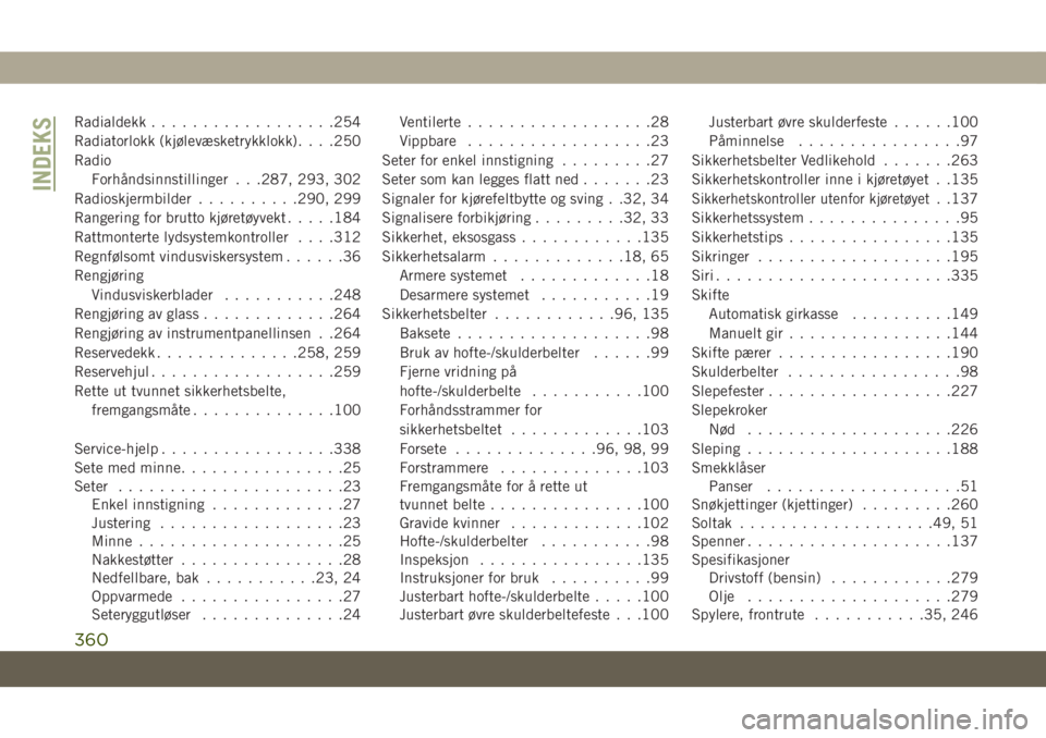 JEEP COMPASS 2019  Drift- og vedlikeholdshåndbok (in Norwegian) Radialdekk..................254
Radiatorlokk (kjølevæsketrykklokk). . . .250
Radio
Forhåndsinnstillinger . . .287, 293, 302
Radioskjermbilder..........290, 299
Rangering for brutto kjøretøyvekt..