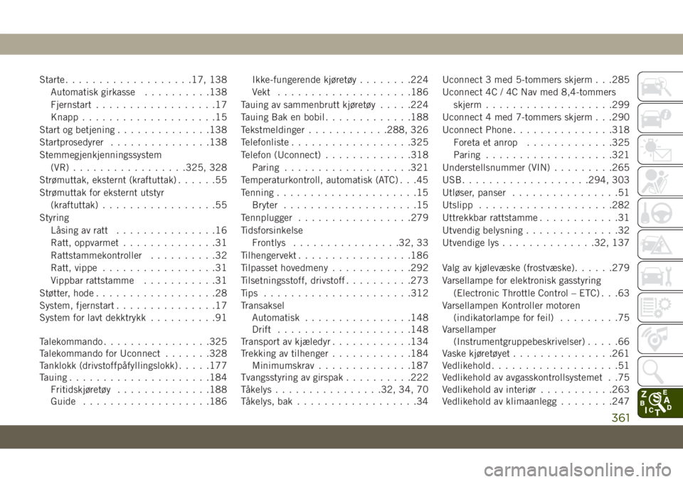 JEEP COMPASS 2019  Drift- og vedlikeholdshåndbok (in Norwegian) Starte...................17, 138
Automatisk girkasse..........138
Fjernstart..................17
Knapp....................15
Start og betjening..............138
Startprosedyrer...............138
Stemm