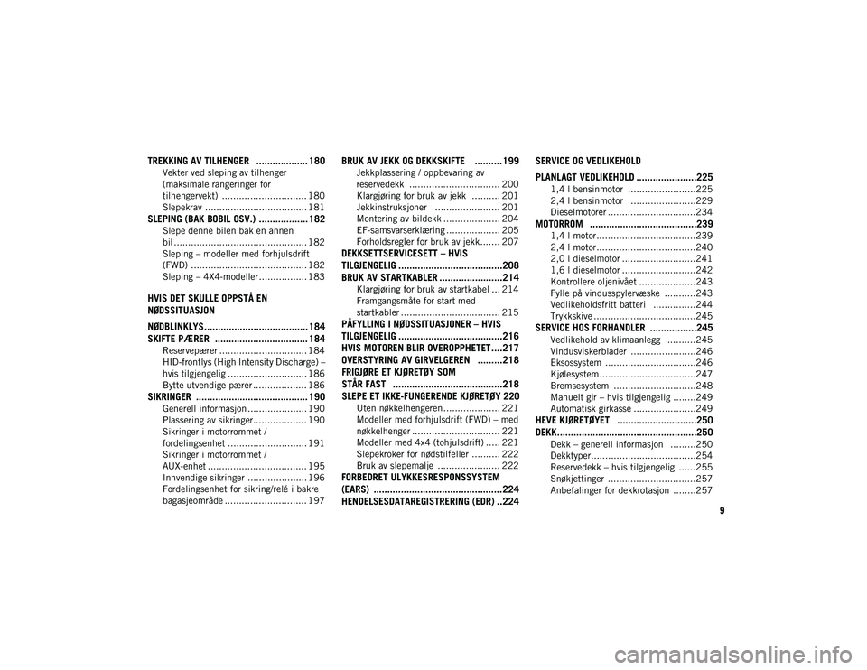 JEEP COMPASS 2020 Drift- og vedlikeholdshåndbok (in Norwegian) 9
TREKKING AV TILHENGER ................... 180
Vekter ved sleping av tilhenger
(maksimale rangeringer for
tilhengervekt) .............................. 180 Slepekrav ............................ JEEP COMPASS 2020 Drift- og vedlikeholdshåndbok (in Norwegian) 9
TREKKING AV TILHENGER ................... 180
Vekter ved sleping av tilhenger
(maksimale rangeringer for
tilhengervekt) .............................. 180 Slepekrav ............................