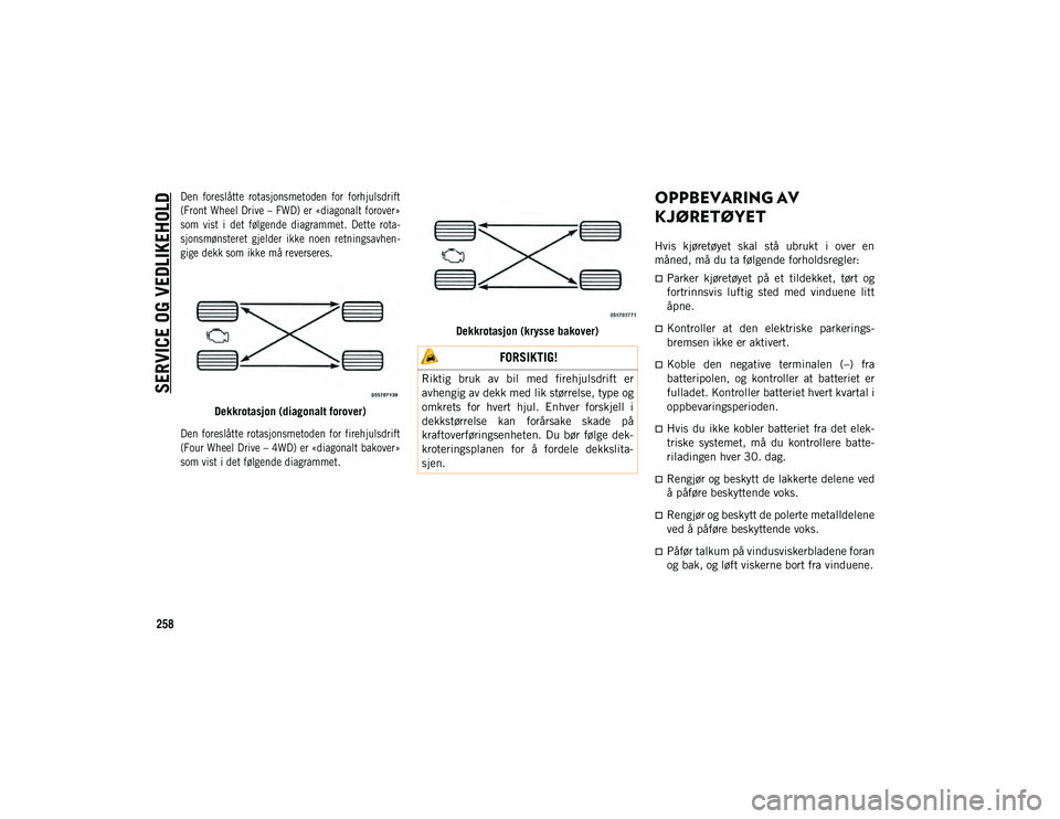 JEEP COMPASS 2020 Drift- og vedlikeholdshåndbok (in Norwegian) SERVICE OG VEDLIKEHOLD
258
Den foreslåtte rotasjonsmetoden for forhjulsdrift
(Front Wheel Drive – FWD) er «diagonalt forover»
som vist i det følgende diagrammet. Dette rota-
sjonsmø JEEP COMPASS 2020 Drift- og vedlikeholdshåndbok (in Norwegian) SERVICE OG VEDLIKEHOLD
258
Den foreslåtte rotasjonsmetoden for forhjulsdrift
(Front Wheel Drive – FWD) er «diagonalt forover»
som vist i det følgende diagrammet. Dette rota-
sjonsmø