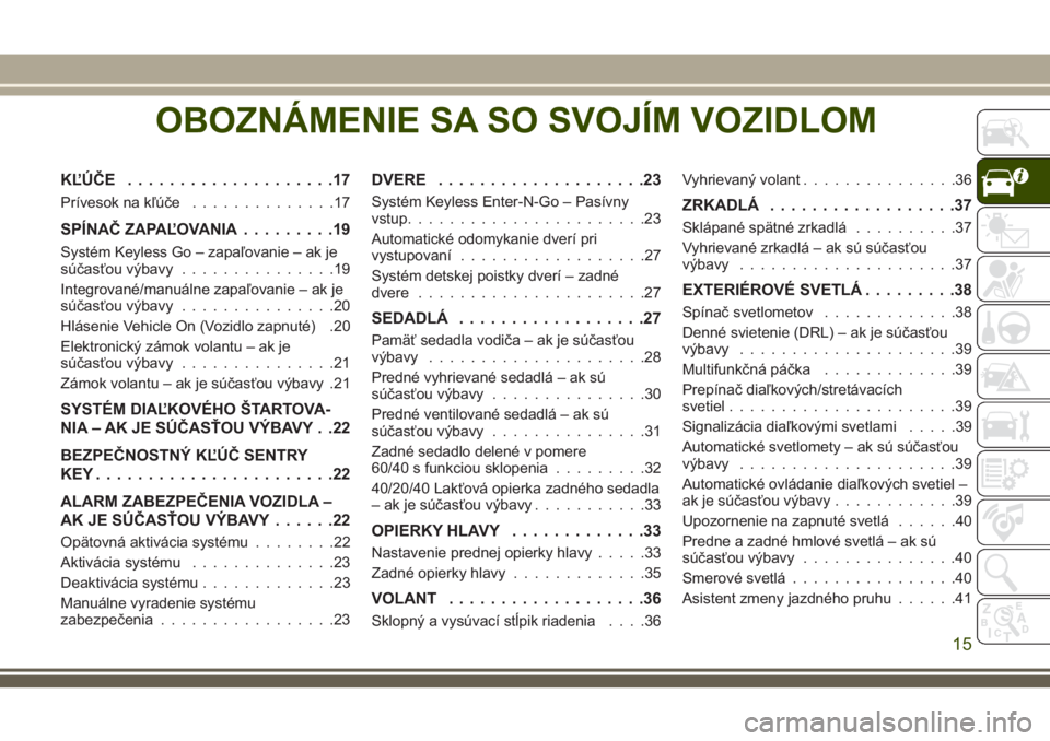 JEEP COMPASS 2018  Návod na použitie a údržbu (in Slovakian) OBOZNÁMENIE SA SO SVOJÍM VOZIDLOM
KĽÚČE....................17
Prívesok na kľúče..............17
SPÍNAČ ZAPAĽOVANIA.........19
Systém Keyless Go – zapaľovanie – ak je
súčasťou výb