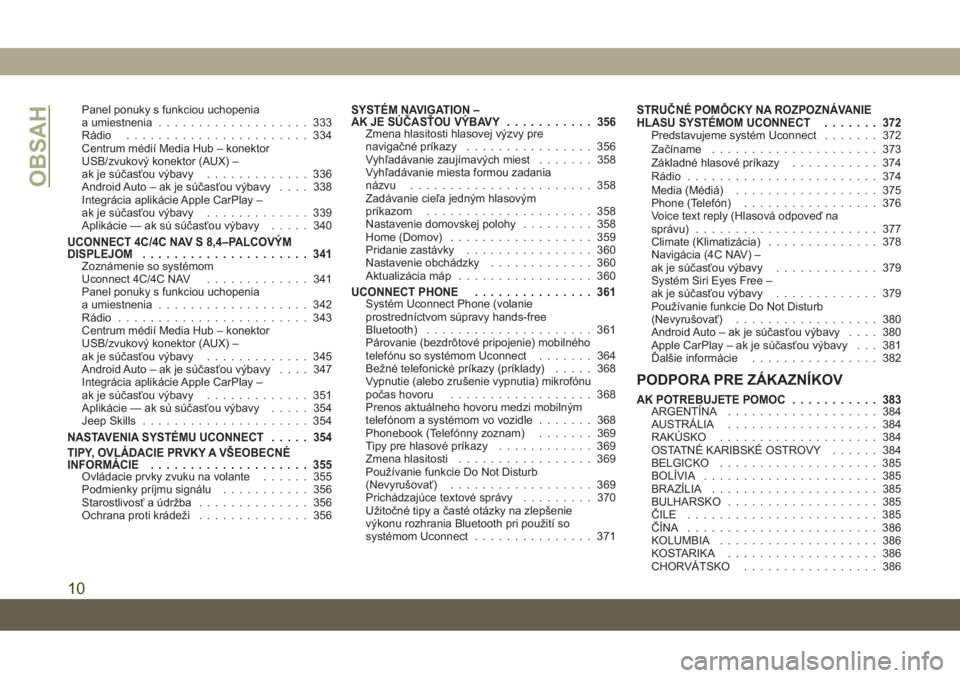 JEEP COMPASS 2019  Návod na použitie a údržbu (in Slovakian) Panel ponuky s funkciou uchopenia
a umiestnenia................... 333
Rádio....................... 334
Centrum médií Media Hub – konektor
USB/zvukový konektor (AUX) –
ak je súčasťou výbav