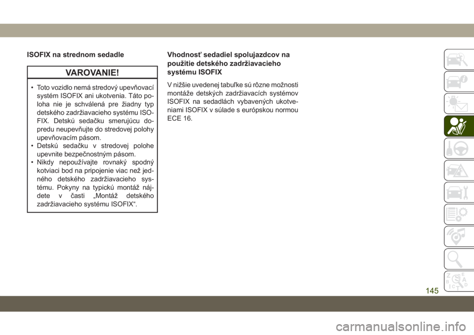 JEEP COMPASS 2019  Návod na použitie a údržbu (in Slovakian) ISOFIX na strednom sedadle
VAROVANIE!
• Toto vozidlo nemá stredový upevňovací
systém ISOFIX ani ukotvenia. Táto po-
loha nie je schválená pre žiadny typ
detského zadržiavacieho systému I