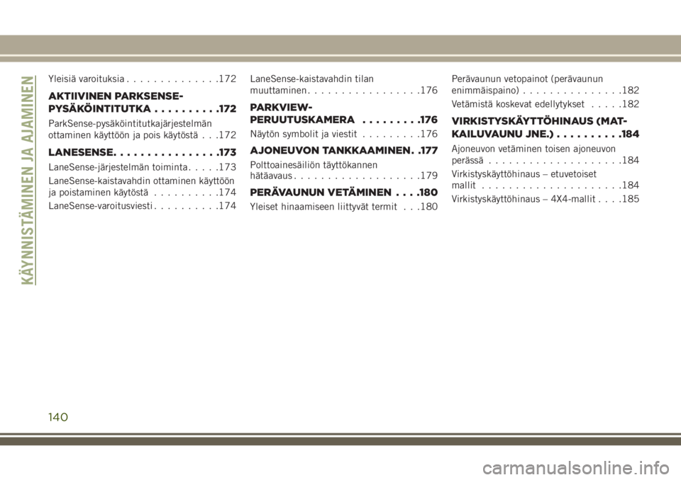 JEEP COMPASS 2018  Käyttö- ja huolto-ohjekirja (in in Finnish) Yleisiä varoituksia..............172
AKTIIVINEN PARKSENSE-
PYSÄKÖINTITUTKA..........172
ParkSense-pysäköintitutkajärjestelmän
ottaminen käyttöön ja pois käytöstä . . .172
LANESENSE....... JEEP COMPASS 2018  Käyttö- ja huolto-ohjekirja (in in Finnish) Yleisiä varoituksia..............172
AKTIIVINEN PARKSENSE-
PYSÄKÖINTITUTKA..........172
ParkSense-pysäköintitutkajärjestelmän
ottaminen käyttöön ja pois käytöstä . . .172
LANESENSE.......