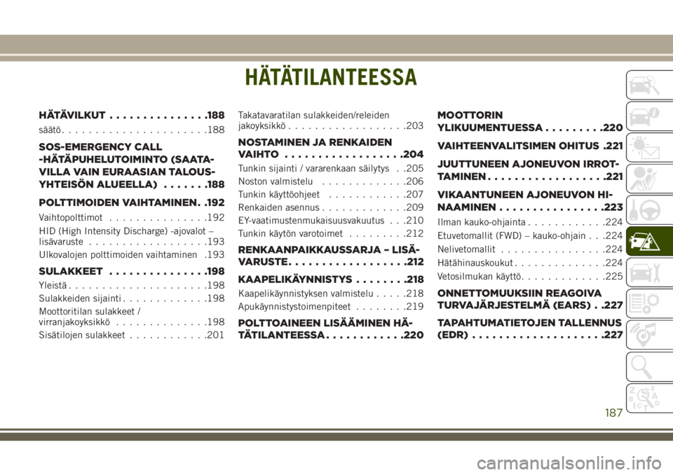 JEEP COMPASS 2018 Käyttö- ja huolto-ohjekirja (in in Finnish) HÄTÄTILANTEESSA
HÄTÄVILKUT...............188
säätö......................188
SOS-EMERGENCY CALL
-HÄTÄPUHELUTOIMINTO (SAATA-
VILLA VAIN EURAASIAN TALOUS-
YHTEISÖN ALUEELLA).......188
POLTTIMOI JEEP COMPASS 2018 Käyttö- ja huolto-ohjekirja (in in Finnish) HÄTÄTILANTEESSA
HÄTÄVILKUT...............188
säätö......................188
SOS-EMERGENCY CALL
-HÄTÄPUHELUTOIMINTO (SAATA-
VILLA VAIN EURAASIAN TALOUS-
YHTEISÖN ALUEELLA).......188
POLTTIMOI