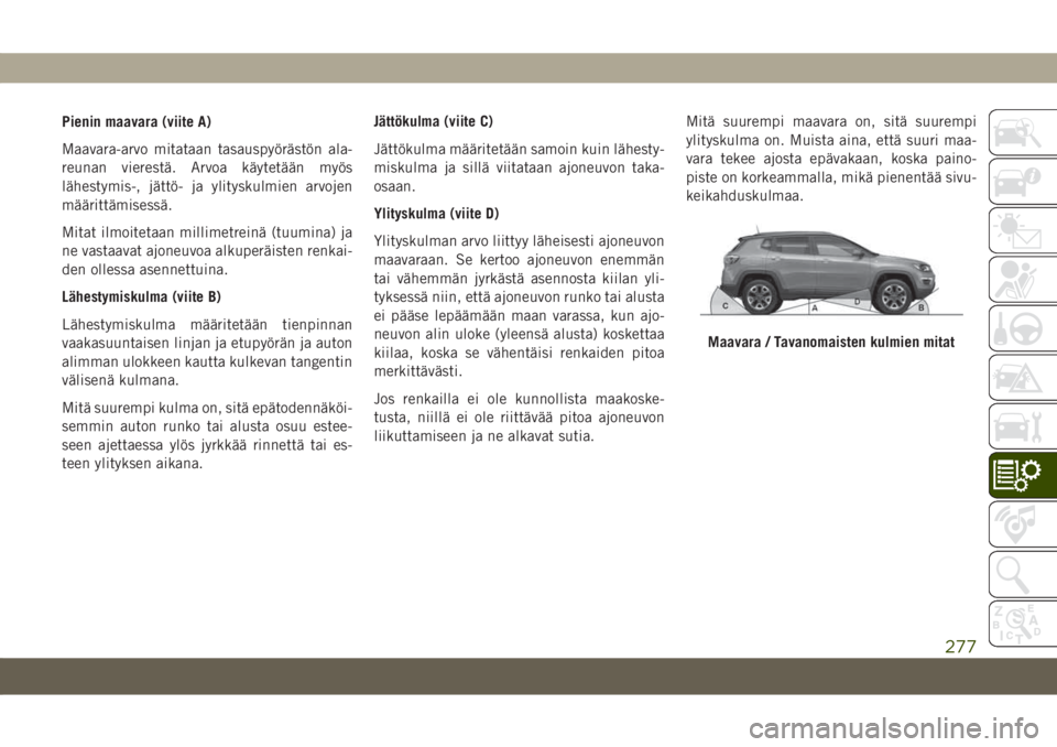 JEEP COMPASS 2019 Käyttö- ja huolto-ohjekirja (in in Finnish) Pienin maavara (viite A)
Maavara-arvo mitataan tasauspyörästön ala-
reunan vierestä. Arvoa käytetään myös
lähestymis-, jättö- ja ylityskulmien arvojen
määrittämisessä.
Mitat ilmoitetaan JEEP COMPASS 2019 Käyttö- ja huolto-ohjekirja (in in Finnish) Pienin maavara (viite A)
Maavara-arvo mitataan tasauspyörästön ala-
reunan vierestä. Arvoa käytetään myös
lähestymis-, jättö- ja ylityskulmien arvojen
määrittämisessä.
Mitat ilmoitetaan