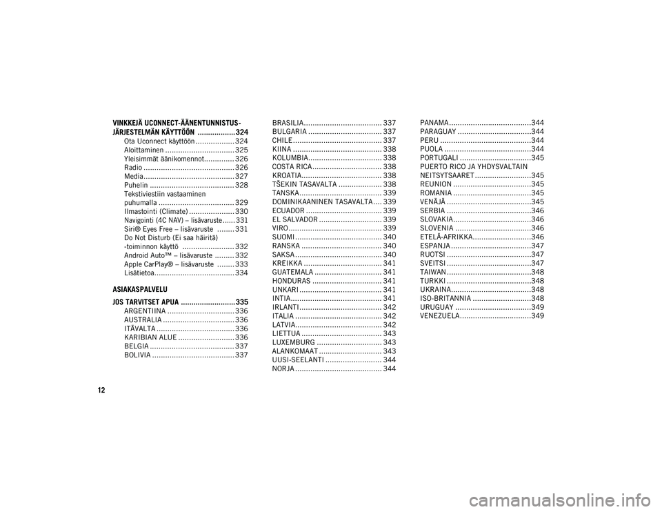 JEEP COMPASS 2020  Käyttö- ja huolto-ohjekirja (in in Finnish) 12
VINKKEJÄ UCONNECT-ÄÄNENTUNNISTUS-
JÄRJESTELMÄN KÄYTTÖÖN  .................. 324
Ota Uconnect käyttöön .................. 324
Aloittaminen ................................ 325
Yleisimmät
