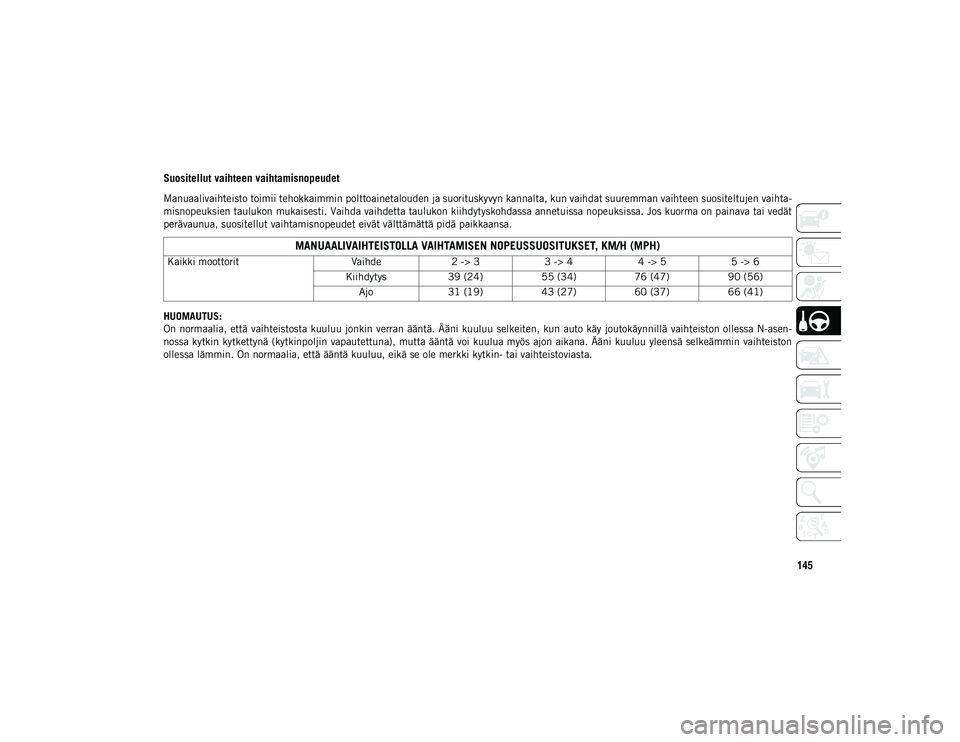 JEEP COMPASS 2020  Käyttö- ja huolto-ohjekirja (in in Finnish) 145
Suositellut vaihteen vaihtamisnopeudet 
Manuaalivaihteisto toimii tehokkaimmin polttoainetalouden ja suorituskyvyn kannalta, kun vaihdat suuremman vaihteen suositeltujen vaihta-
misnopeuksien taul