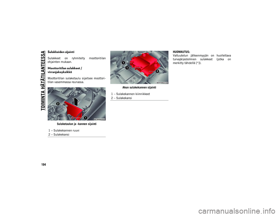 JEEP COMPASS 2020  Käyttö- ja huolto-ohjekirja (in in Finnish) TOIMINTA HÄTÄTILANTEESSA
194
Sulakkeiden sijainti
Sulakkeet  on  ryhmitelty  moottoritilan
ohjainten mukaan.
Moottoritilan sulakkeet / 
virranjakoyksikkö
Moottoritilan  sulaketaulu  sijaitsee  moot