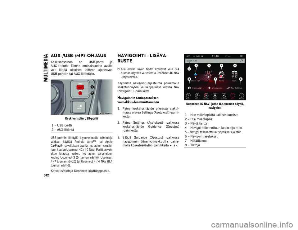 JEEP COMPASS 2020 Käyttö- ja huolto-ohjekirja (in in Finnish) MULTIMEDIA
312
AUX-/USB-/MP3-OHJAUS
Keskikonsolissa on USB-portti ja
AUX-liitäntä. Tämän ominaisuuden avulla
voit liittää ulkoisen laitteen ajoneuvon
USB-porttiin tai AUX-liitäntää JEEP COMPASS 2020 Käyttö- ja huolto-ohjekirja (in in Finnish) MULTIMEDIA
312
AUX-/USB-/MP3-OHJAUS
Keskikonsolissa on USB-portti ja
AUX-liitäntä. Tämän ominaisuuden avulla
voit liittää ulkoisen laitteen ajoneuvon
USB-porttiin tai AUX-liitäntää