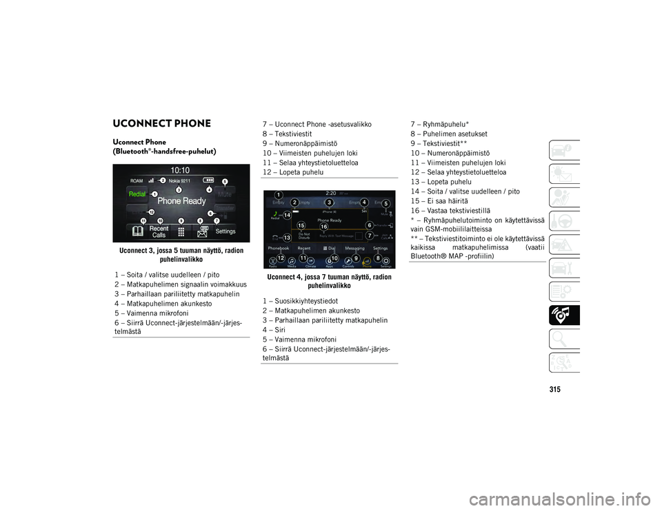 JEEP COMPASS 2020 Käyttö- ja huolto-ohjekirja (in in Finnish) 315
UCONNECT PHONE
Uconnect Phone
(Bluetooth®-handsfree-puhelut)
Uconnect 3, jossa 5 tuuman näyttö, radion puhelinvalikko
Uconnect 4, jossa 7 tuuman näyttö, radion puhelinvalikko
1 – Soita / JEEP COMPASS 2020 Käyttö- ja huolto-ohjekirja (in in Finnish) 315
UCONNECT PHONE
Uconnect Phone
(Bluetooth®-handsfree-puhelut)
Uconnect 3, jossa 5 tuuman näyttö, radion puhelinvalikko
Uconnect 4, jossa 7 tuuman näyttö, radion puhelinvalikko
1 – Soita /