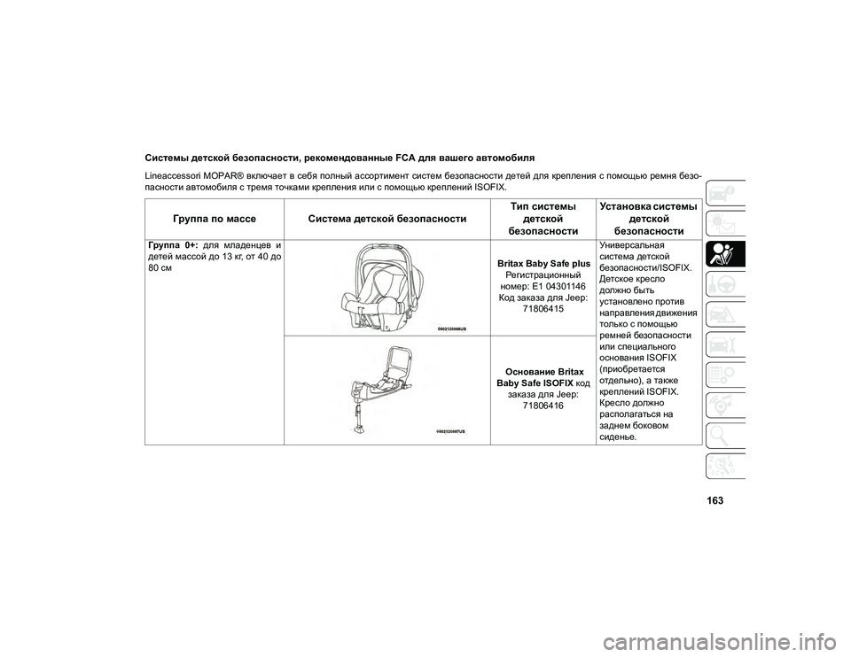 JEEP COMPASS 2020  Руководство по эксплуатации и техобслуживанию (in Russian) 163
Системы детской безопасности, рекомендованные FCA для вашего автомобиля
Lineaccessori MOPAR® включает в себя полный 