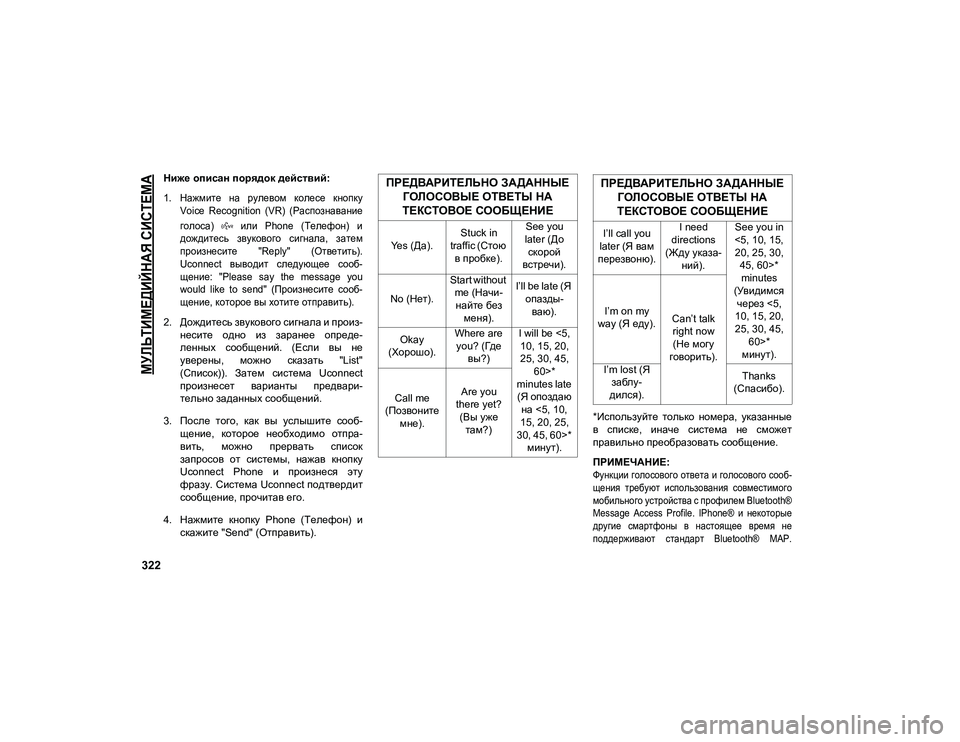 JEEP COMPASS 2020  Руководство по эксплуатации и техобслуживанию (in Russian) 
МУЛЬТИМЕДИЙНАЯ СИСТЕМА

322
Ниже описан порядок действий: 

1. Нажмите  на  рулевом  колесе  кнопку Voice  Recognition  (VR) 