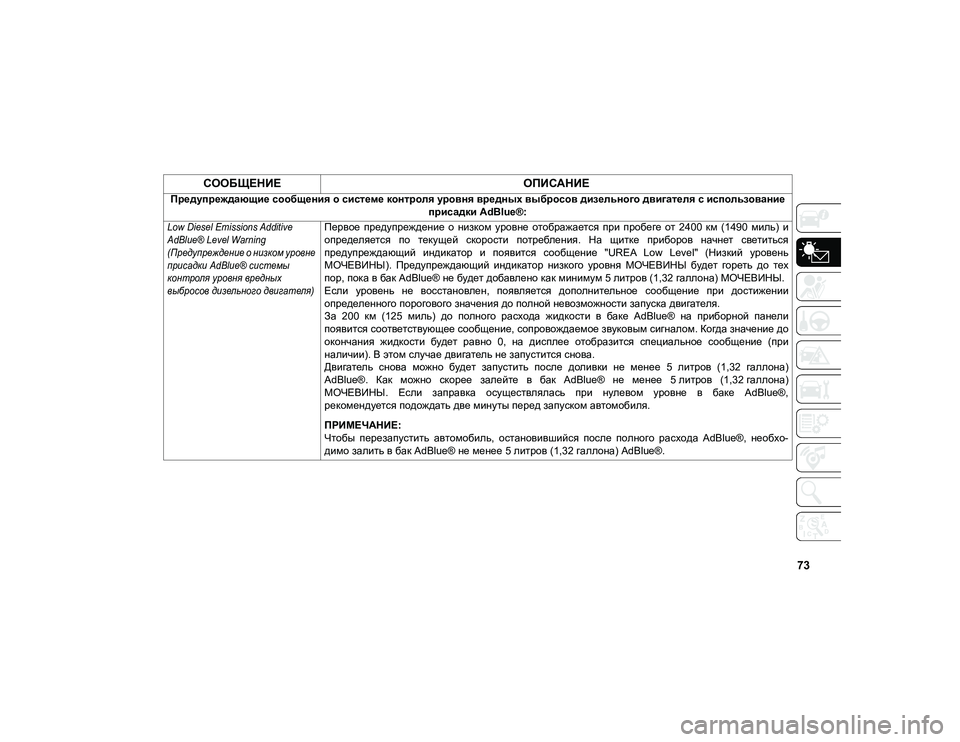 JEEP COMPASS 2021 Руководство по эксплуатации и техобслуживанию (in Russian) 73
СООБЩЕНИЕ
ОПИСАНИЕ
Предупреждающие сообщения о системе контроля уровня вредных выбросов дизельного двига JEEP COMPASS 2021 Руководство по эксплуатации и техобслуживанию (in Russian) 73
СООБЩЕНИЕ
ОПИСАНИЕ
Предупреждающие сообщения о системе контроля уровня вредных выбросов дизельного двига