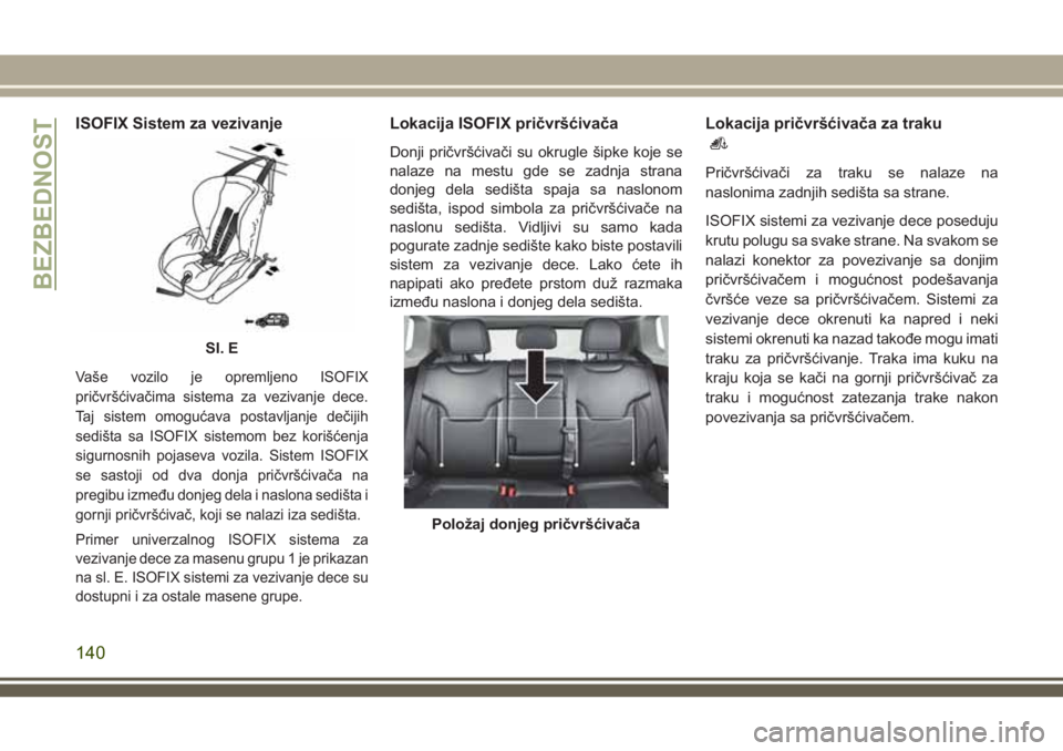 JEEP COMPASS 2018 Knjižica za upotrebu i održavanje (in Serbian) ISOFIX Sistem za vezivanje
Vaše vozilo je opremljeno ISOFIX
pričvršćivačima sistema za vezivanje dece.
Taj sistem omogućava postavljanje dečijih
sedišta sa ISOFIX sistemom bez korišćenja
sig JEEP COMPASS 2018 Knjižica za upotrebu i održavanje (in Serbian) ISOFIX Sistem za vezivanje
Vaše vozilo je opremljeno ISOFIX
pričvršćivačima sistema za vezivanje dece.
Taj sistem omogućava postavljanje dečijih
sedišta sa ISOFIX sistemom bez korišćenja
sig