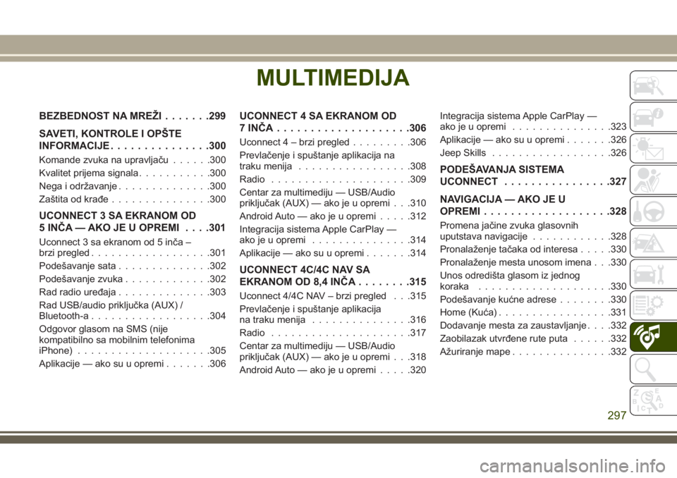 JEEP COMPASS 2018  Knjižica za upotrebu i održavanje (in Serbian) MULTIMEDIJA
BEZBEDNOST NA MREŽI.......299
SAVETI, KONTROLE I OPŠTE
INFORMACIJE...............300
Komande zvuka na upravljaču......300
Kvalitet prijema signala...........300
Nega i održavanje......