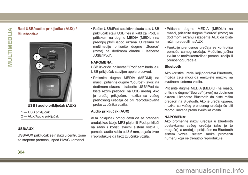 JEEP COMPASS 2018 Knjižica za upotrebu i održavanje (in Serbian) Rad USB/audio priključka (AUX) /
Bluetooth-a
USB/AUX
USB/AUX priključak se nalazi u centru zone
za stepene prenosa, ispod HVAC komandi.• Režim USB/iPod se aktivira kada se u USB
priključak stavi JEEP COMPASS 2018 Knjižica za upotrebu i održavanje (in Serbian) Rad USB/audio priključka (AUX) /
Bluetooth-a
USB/AUX
USB/AUX priključak se nalazi u centru zone
za stepene prenosa, ispod HVAC komandi.• Režim USB/iPod se aktivira kada se u USB
priključak stavi