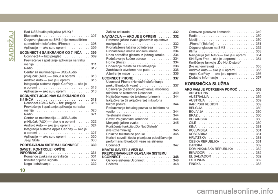 JEEP COMPASS 2019  Knjižica za upotrebu i održavanje (in Serbian) Rad USB/audio priključka (AUX) /
Bluetooth-a.................... 307
Odgovor glasom na SMS (nije kompatibilno
sa mobilnim telefonima iPhone) ....... 308
Aplikacije — ako su u opremi ......... 309
U