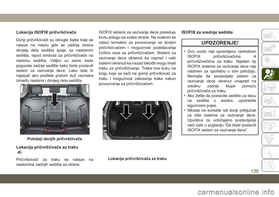 JEEP COMPASS 2019 Knjižica za upotrebu i održavanje (in Serbian) Lokacija ISOFIX pričvršćivača
Donji pričvršćivači su okrugle šipke koje se
nalaze na mestu gde se zadnja strana
donjeg dela sedišta spaja sa naslonom
sedišta, ispod simbola za pričvršćiv JEEP COMPASS 2019 Knjižica za upotrebu i održavanje (in Serbian) Lokacija ISOFIX pričvršćivača
Donji pričvršćivači su okrugle šipke koje se
nalaze na mestu gde se zadnja strana
donjeg dela sedišta spaja sa naslonom
sedišta, ispod simbola za pričvršćiv