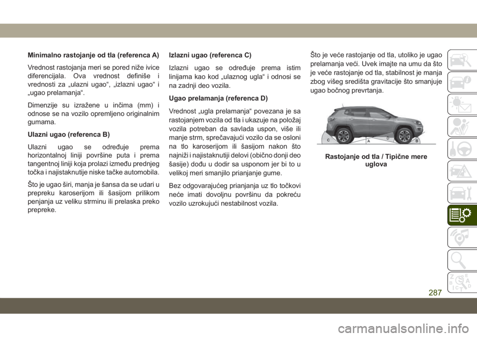 JEEP COMPASS 2019 Knjižica za upotrebu i održavanje (in Serbian) Minimalno rastojanje od tla (referenca A)
Vrednost rastojanja meri se pored niže ivice
diferencijala. Ova vrednost definiše i
vrednosti za „ulazni ugao“, „izlazni ugao“ i
„ugao prelamanja JEEP COMPASS 2019 Knjižica za upotrebu i održavanje (in Serbian) Minimalno rastojanje od tla (referenca A)
Vrednost rastojanja meri se pored niže ivice
diferencijala. Ova vrednost definiše i
vrednosti za „ulazni ugao“, „izlazni ugao“ i
„ugao prelamanja
