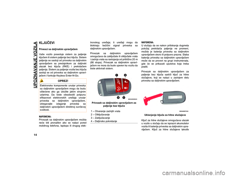 JEEP COMPASS 2020  Knjižica za upotrebu i održavanje (in Serbian) 14
UPOZNAVANJE VOZILA

KLJUČEVI 
Privesci sa daljinskim upravljačem  

Vaše  vozilo  poseduje  sistem  za  paljenje
ključem ili sistem paljenja bez ključa. Sistem
paljenja se sastoji od priveska 