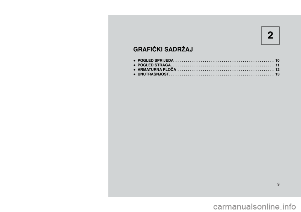 JEEP COMPASS 2020  Knjižica s uputama za uporabu i održavanje (in Croatian) 9
GRAFIČKI SADRŽAJ
 
● POGLED SPRIJEDA   . . . . . . . . . . . . . . . . . . . . . . . . . . . . . . . . . . . . . . . . . . . . . . . 10
 
● POGLED STRAGA   . . . . . . . . . . . . . . . . . . 