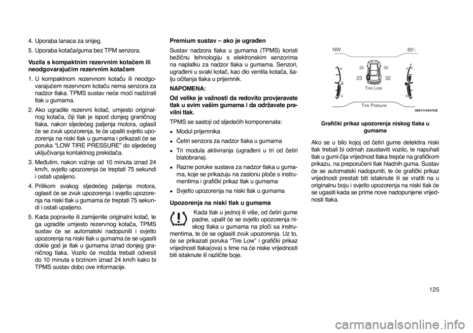 JEEP COMPASS 2020  Knjižica s uputama za uporabu i održavanje (in Croatian) 125
4. Uporaba lanaca za snijeg.
5.  Uporaba kotača/guma bez TPM senzora.
Vozila s kompaktnim rezervnim kotačem ili 
neodgovarajućim rezervnim kotačem
1.  U  kompaktnom  rezervnom  kotaču  ili  n