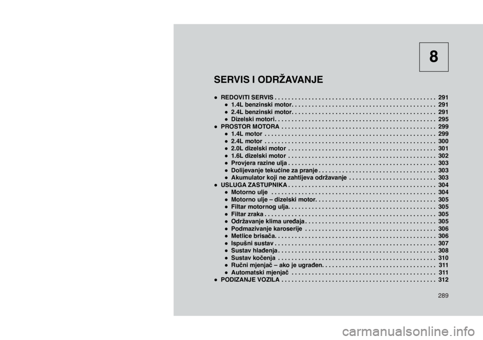JEEP COMPASS 2020 Knjižica s uputama za uporabu i održavanje (in Croatian) 289
SERVIS I ODRŽAVANJE
● REDOVITI SERVIS . . . . . . . . . . . . . . . . . . . . . . . . . . . . . . . . . . . . . . . . . . . . . . . . 291
● 1.4L benzinski motor . . . . . . . . . . . . JEEP COMPASS 2020 Knjižica s uputama za uporabu i održavanje (in Croatian) 289
SERVIS I ODRŽAVANJE
● REDOVITI SERVIS . . . . . . . . . . . . . . . . . . . . . . . . . . . . . . . . . . . . . . . . . . . . . . . . 291
● 1.4L benzinski motor . . . . . . . . . . . .