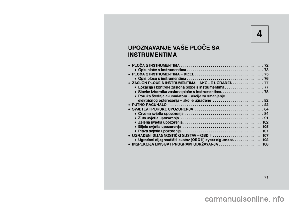 JEEP COMPASS 2020 Knjižica s uputama za uporabu i održavanje (in Croatian) 71
UPOZNAVANJE VAŠE PLOČE SA
INSTRUMENTIMA
● PLOČA S INSTRUMENTIMA . . . . . . . . . . . . . . . . . . . . . . . . . . . . . . . . . . . . . . . . . 72
● Opis ploče s instrumentima . JEEP COMPASS 2020 Knjižica s uputama za uporabu i održavanje (in Croatian) 71
UPOZNAVANJE VAŠE PLOČE SA
INSTRUMENTIMA
● PLOČA S INSTRUMENTIMA . . . . . . . . . . . . . . . . . . . . . . . . . . . . . . . . . . . . . . . . . 72
● Opis ploče s instrumentima .