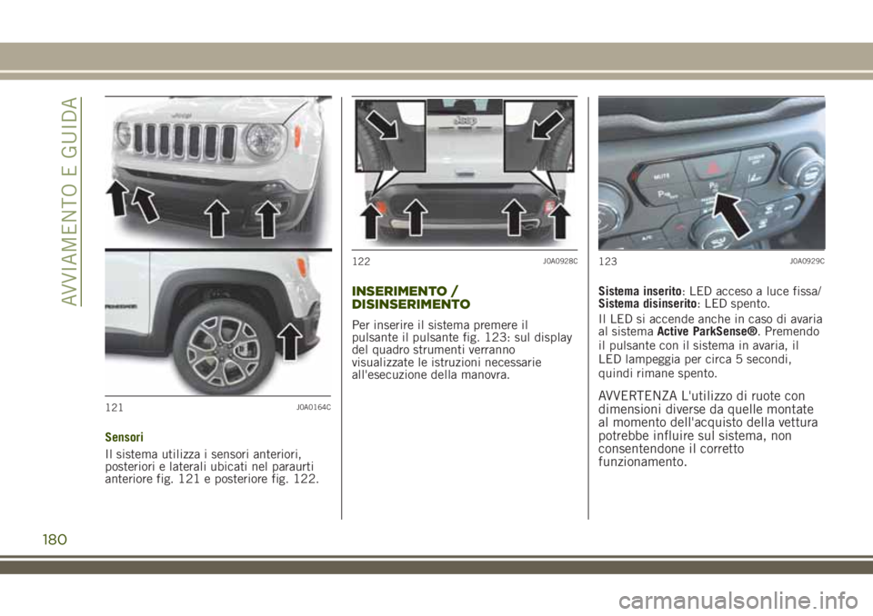 JEEP RENEGADE 2018 Libretto Uso Manutenzione (in Italian) Sensori
Il sistema utilizza i sensori anteriori,
posteriori e laterali ubicati nel paraurti
anteriore fig. 121 e posteriore fig. 122.
INSERIMENTO /
DISINSERIMENTO
Per inserire il sistema premere il
pu JEEP RENEGADE 2018 Libretto Uso Manutenzione (in Italian) Sensori
Il sistema utilizza i sensori anteriori,
posteriori e laterali ubicati nel paraurti
anteriore fig. 121 e posteriore fig. 122.
INSERIMENTO /
DISINSERIMENTO
Per inserire il sistema premere il
pu