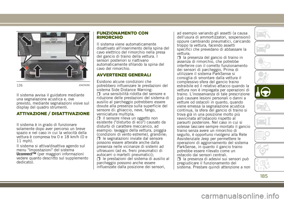 JEEP RENEGADE 2018 Libretto Uso Manutenzione (in Italian) Il sistema avvisa il guidatore mediante
una segnalazione acustica e, ove
previsto, mediante segnalazioni visive sul
display del quadro strumenti.
ATTIVAZIONE / DISATTIVAZIONE
Il sistema è in grado di JEEP RENEGADE 2018 Libretto Uso Manutenzione (in Italian) Il sistema avvisa il guidatore mediante
una segnalazione acustica e, ove
previsto, mediante segnalazioni visive sul
display del quadro strumenti.
ATTIVAZIONE / DISATTIVAZIONE
Il sistema è in grado di