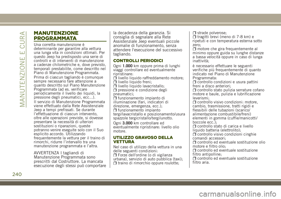JEEP RENEGADE 2018 Libretto Uso Manutenzione (in Italian) MANUTENZIONE
PROGRAMMATA
Una corretta manutenzione è
determinante per garantire alla vettura
una lunga vita in condizioni ottimali. Per
questo Jeep ha predisposto una serie di
controlli e di interven JEEP RENEGADE 2018 Libretto Uso Manutenzione (in Italian) MANUTENZIONE
PROGRAMMATA
Una corretta manutenzione è
determinante per garantire alla vettura
una lunga vita in condizioni ottimali. Per
questo Jeep ha predisposto una serie di
controlli e di interven