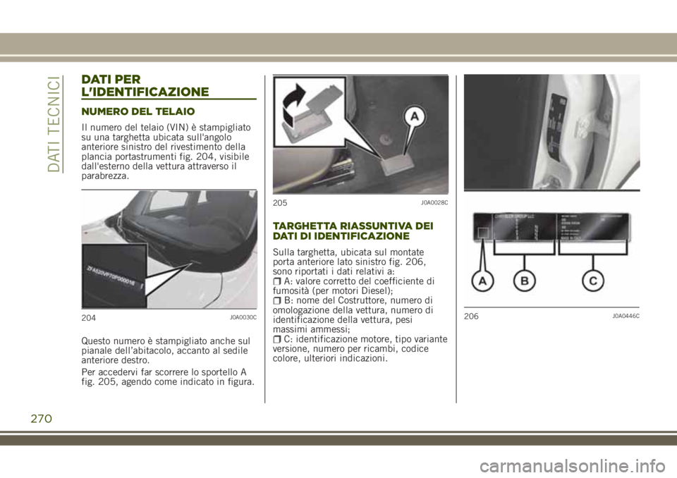 JEEP RENEGADE 2018  Libretto Uso Manutenzione (in Italian) DATI PER
L'IDENTIFICAZIONE
NUMERO DEL TELAIO
Il numero del telaio (VIN) è stampigliato
su una targhetta ubicata sull'angolo
anteriore sinistro del rivestimento della
plancia portastrumenti fi