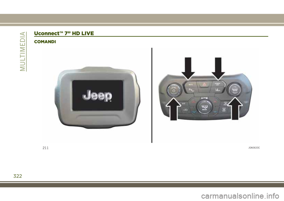 JEEP RENEGADE 2018 Libretto Uso Manutenzione (in Italian) Uconnect™ 7” HD LIVE
COMANDI
211J0A0633C
322
MULTIMEDIA JEEP RENEGADE 2018 Libretto Uso Manutenzione (in Italian) Uconnect™ 7” HD LIVE
COMANDI
211J0A0633C
322
MULTIMEDIA