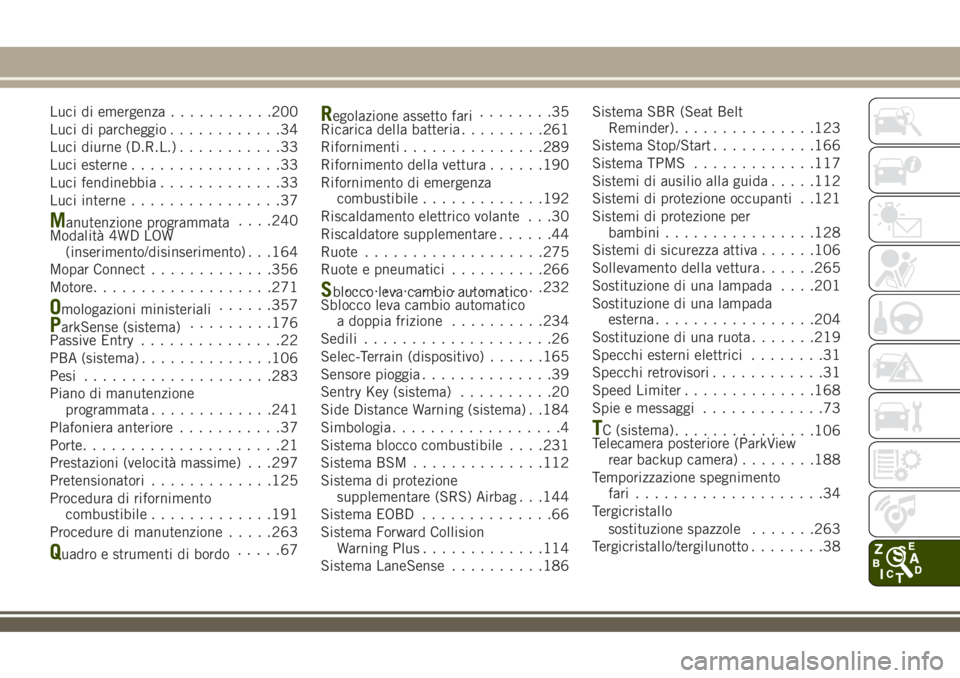 JEEP RENEGADE 2018  Libretto Uso Manutenzione (in Italian) Luci di emergenza...........200
Luci di parcheggio............34
Luci diurne (D.R.L.)...........33
Luci esterne................33
Luci fendinebbia.............33
Luci interne................37
Manuten