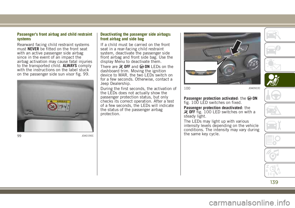 JEEP RENEGADE 2018 Owner handbook (in English) Passenger's front airbag and child restraint
systems
Rearward facing child restraint systems
mustNEVERbe fitted on the front seat
with an active passenger side airbag
since in the event of an impa JEEP RENEGADE 2018 Owner handbook (in English) Passenger's front airbag and child restraint
systems
Rearward facing child restraint systems
mustNEVERbe fitted on the front seat
with an active passenger side airbag
since in the event of an impa