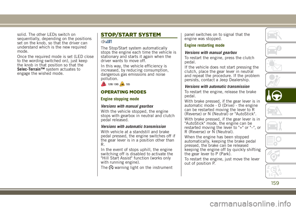 JEEP RENEGADE 2018  Owner handbook (in English) solid. The other LEDs switch on
sequentially, depending on the positions
set on the knob, so that the driver can
understand which is the new required
mode.
Once the required mode is set (LED close
to 