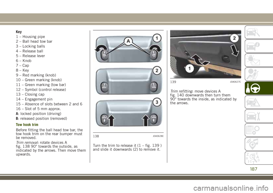 JEEP RENEGADE 2018 Owner handbook (in English) Key
1 – Housing pipe
2 – Ball head tow bar
3 – Locking balls
4 – Release ball
5 – Release lever
6 – Knob
7 – Cap
8 – Key
9 – Red marking (knob)
10 – Green marking (knob)
11 – Gre JEEP RENEGADE 2018 Owner handbook (in English) Key
1 – Housing pipe
2 – Ball head tow bar
3 – Locking balls
4 – Release ball
5 – Release lever
6 – Knob
7 – Cap
8 – Key
9 – Red marking (knob)
10 – Green marking (knob)
11 – Gre